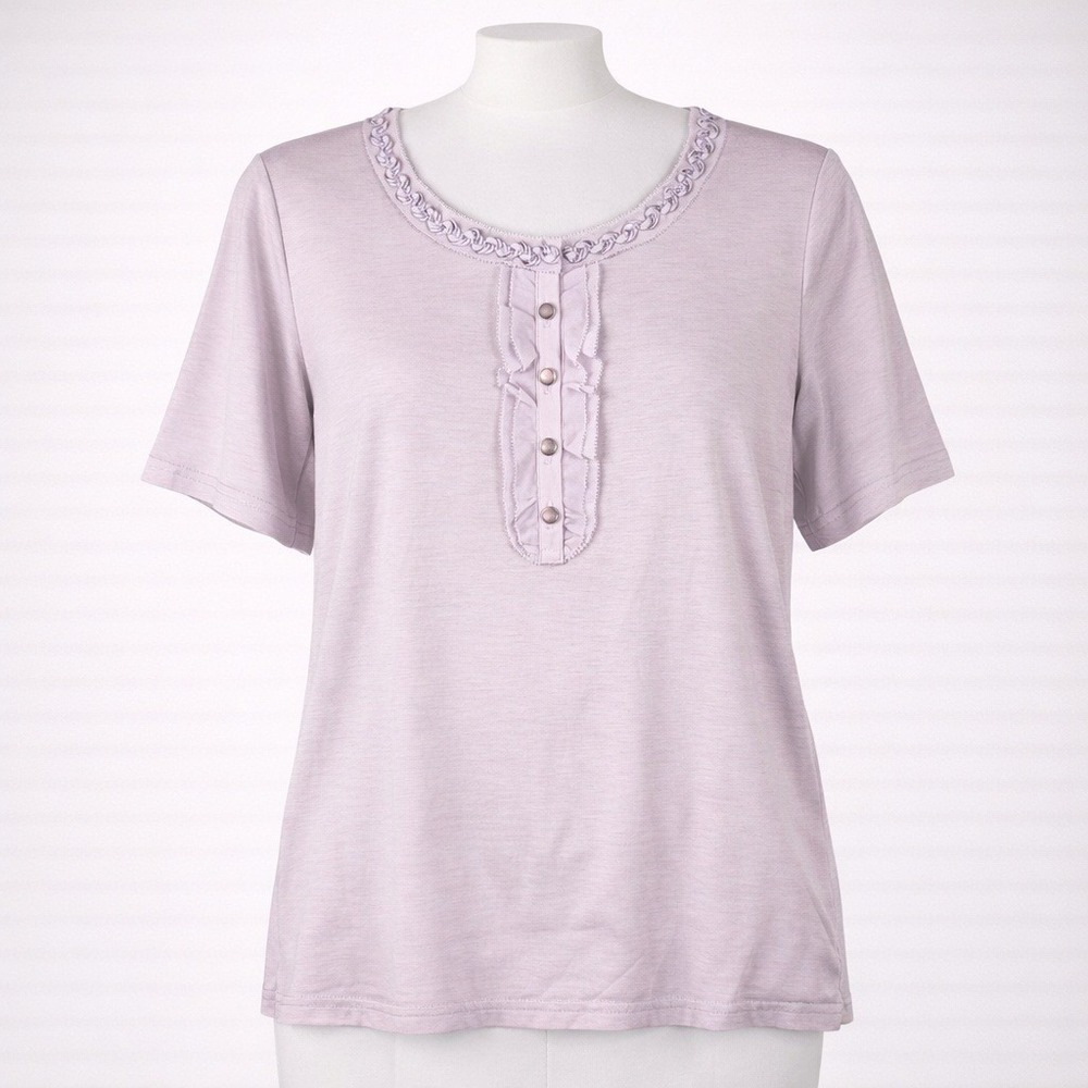 Beaded Preppy Short Sleeve Henley Top Size M Pastel‎ Purple Knit Ruffle Coquette
